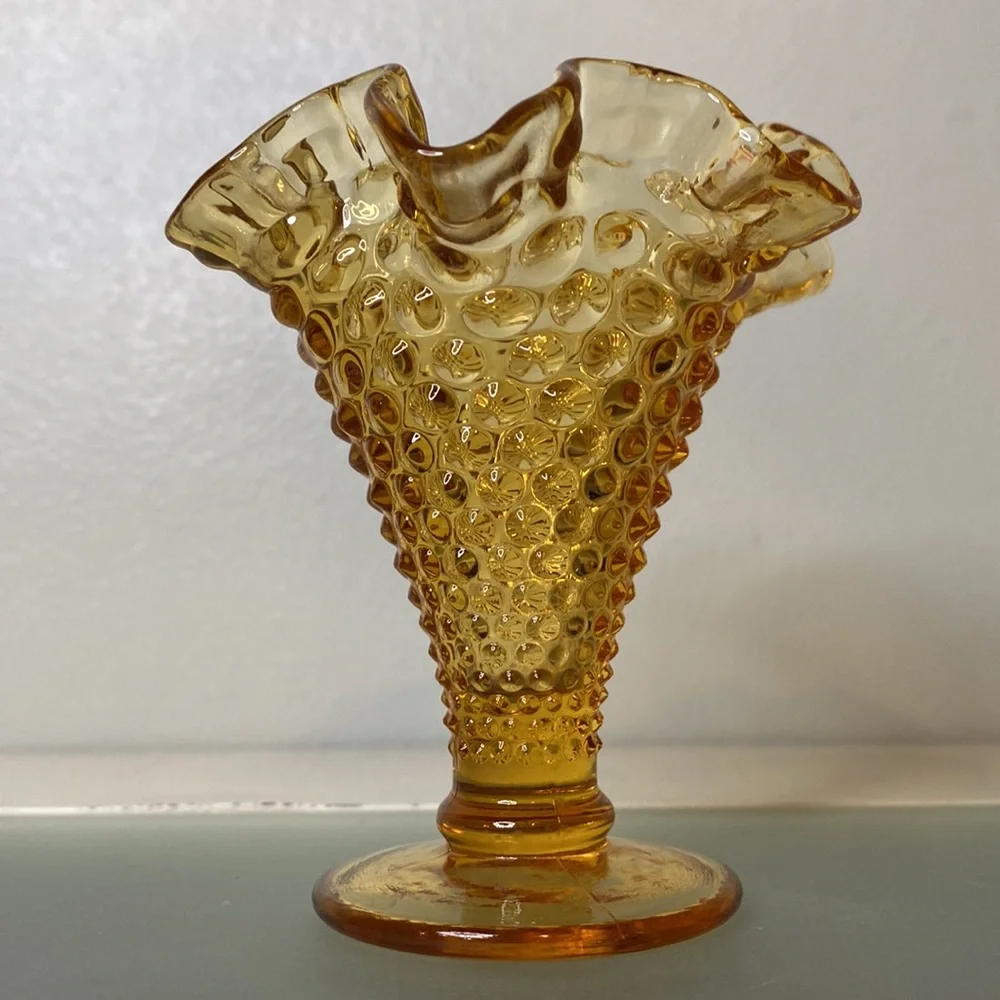 Vintage Fenton Amber Glass Hobnail Miniature Vase